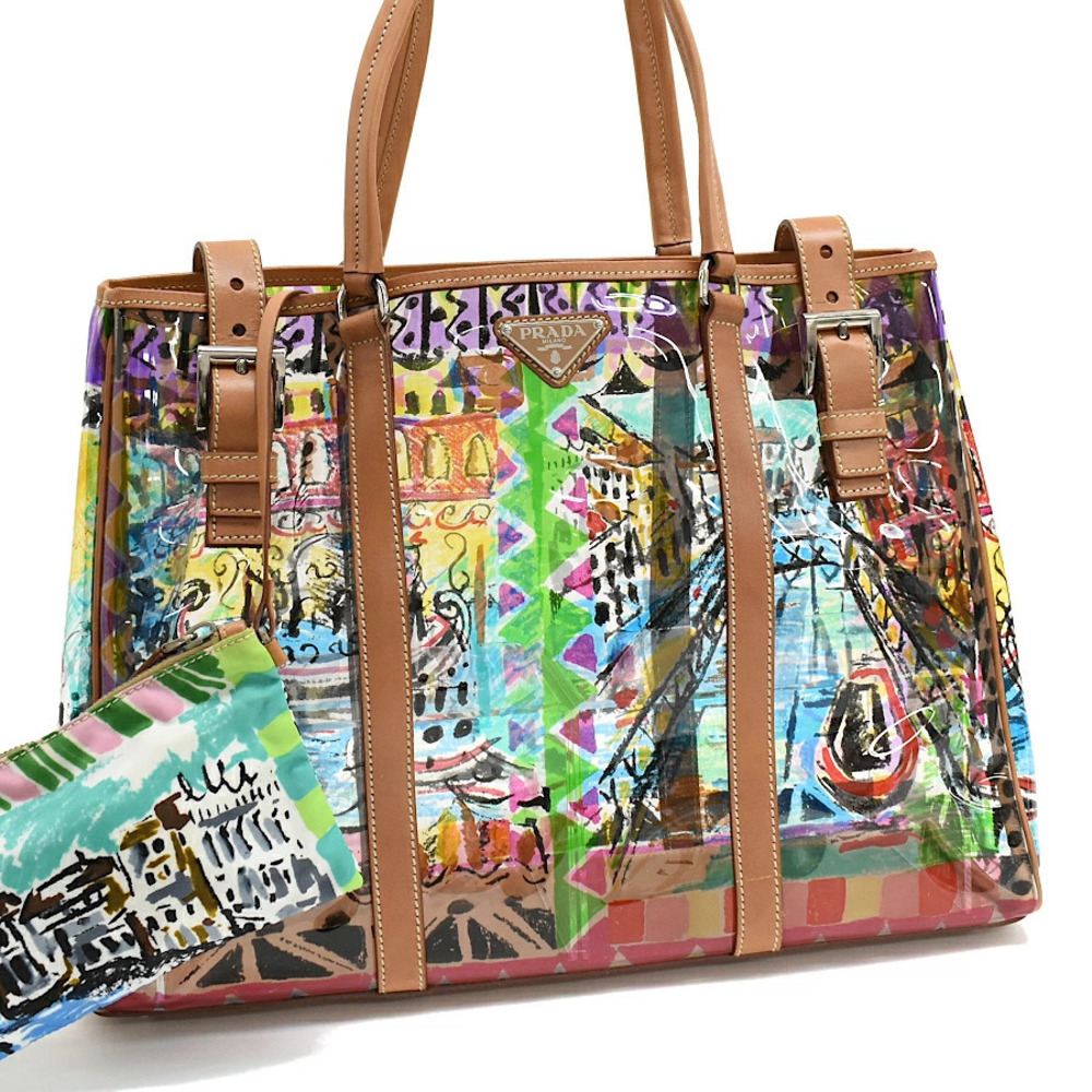 Prada Venezia Tote Bag PLEX Vinyl Leather Multicolor Triangle Plate